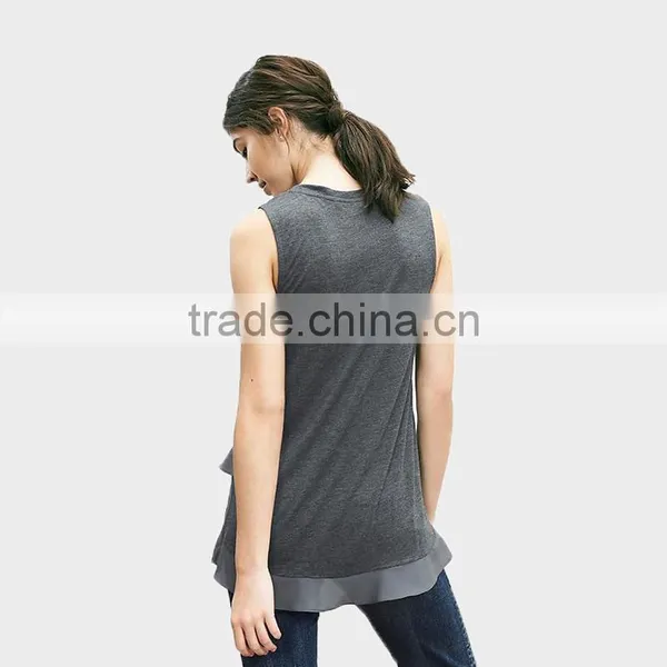 China Ladies Sleeveless Irregular T-shirt 100%Cotton T-shirt photo-2
