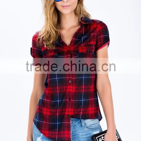 Adorable Dolled up Short Sleeve Plaid Shirts Latest Shirt Designs for Women photo-2