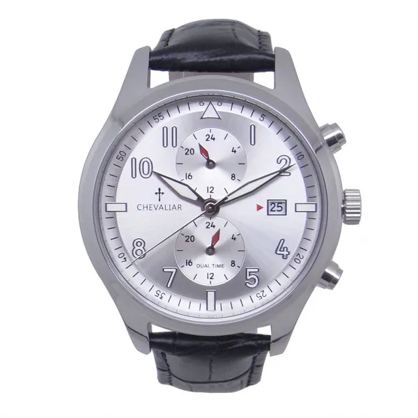 Stainless Steel Case Multi-function Watches Man Genuine Leather Dual Time Quartz Watch photo-4