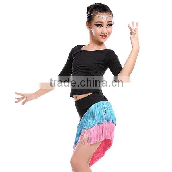 Cheap In-stock High Quality Elegant Children Latin Dance Skirt Long Sleeve + Tassel Kids Latin Dance Dress Wholesale photo-3