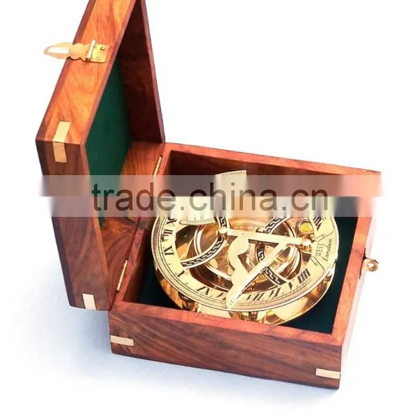 Nautical Solid Brass Round Sundial Compass-Sundial Compass With Rosewood Box 13433 photo-5