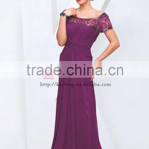 2014 Latest Design Short Sleeve Beaded and Ruffle Chaozhou Evening Dress photo-2