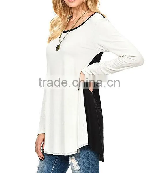 Women Fashion Long Sleeve Heather Gray Charcoal Color Block Hi-Low Tunic Tops Blouses Wholesale photo-4