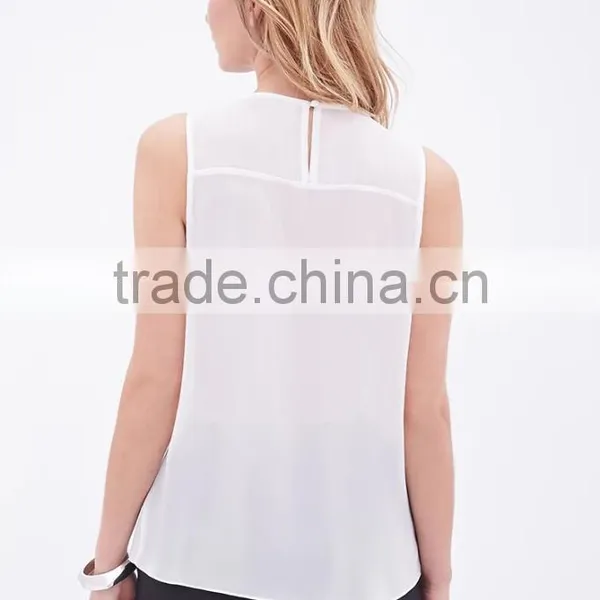 2016 Guangzhou Shandao Oem Service Summer New Design Casual Chiffon Plain Dyed Women Sleeveless Pleat Tank Top With Bead photo-3