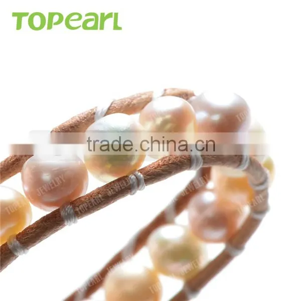 Topearl Jewelry Potato Shape White and Purple Freshwater Pearl Bracelet Woven Leather Wrap Bangles Bracelets for Women CLL157 photo-3