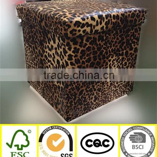 Fashion Leopard Print Leather Wooden Folding Storage Box Ottoman