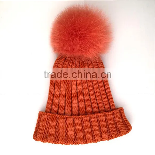 Myfur Fashion Orange Color Customized Fox Fur Pom Pom Knitted Hat photo-2
