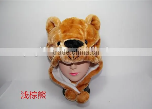Light Brown Bear Plush Warm Hat Earmuff With Ear Poms Cartoon Animal Cap photo-2