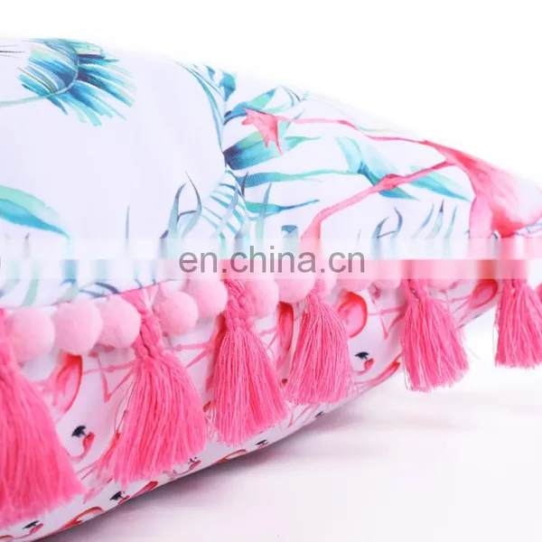 Waterproof Outdoor Use Flamingos Floral Designed Style Printed 100% Polyester Decorative Cushion With Tassels Pompoms photo-4