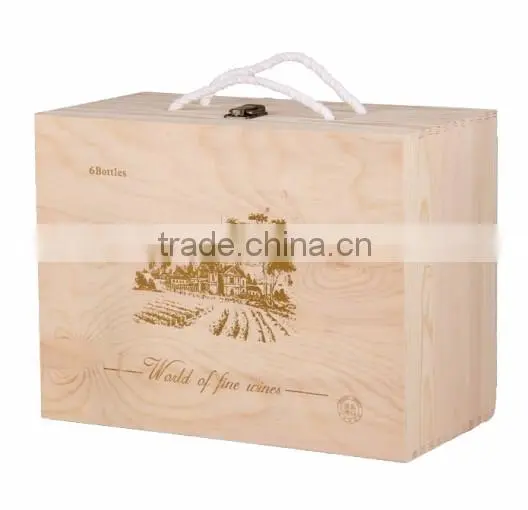 Handmade Natural Color Pine Wooden Wine Gift Case for 6 Bottles