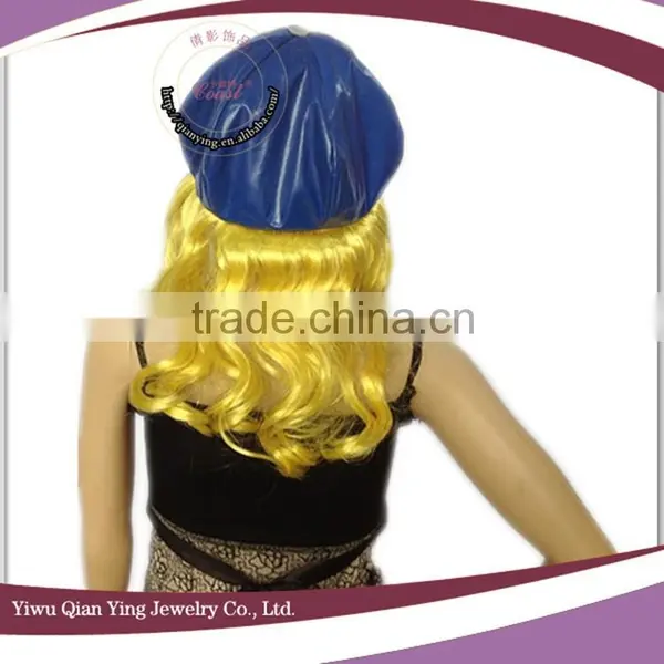 Girls Fashion Fake Hair Wig Attached Blue Hats photo-3