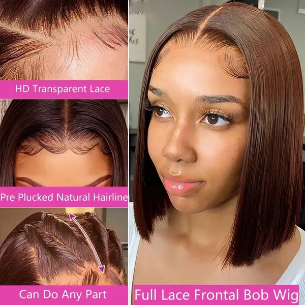 Chocolate Brown Lace Front Bob Wig #4 Dark Brown Brazilian Straight 13x4 Short Bob Human Hair Lace Frontal Wigs For Black Women photo-2