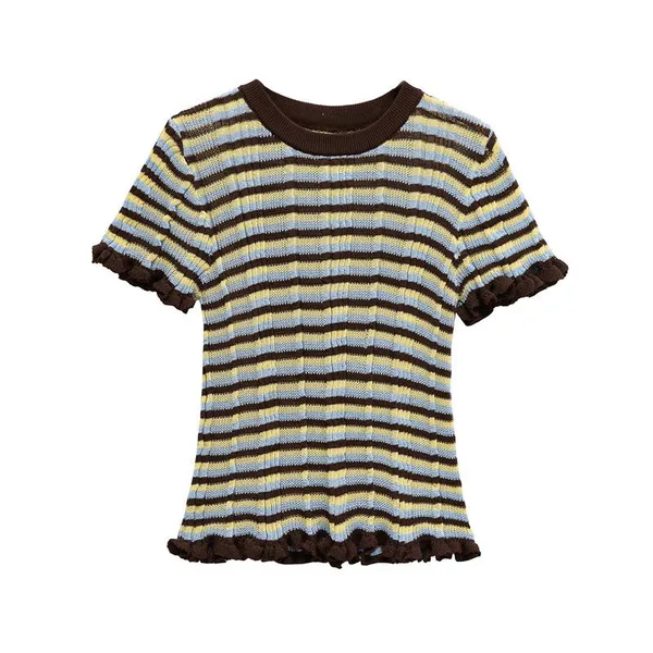 2025 New Summer Korean Version Simple Style Striped Round Neck Layered Decorative Striped T-shirt photo-3