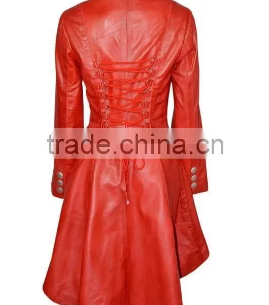 Ladies Edwardian Red Gothic Style Lace Back Soft Lambskin Real Leather Jackets photo-4