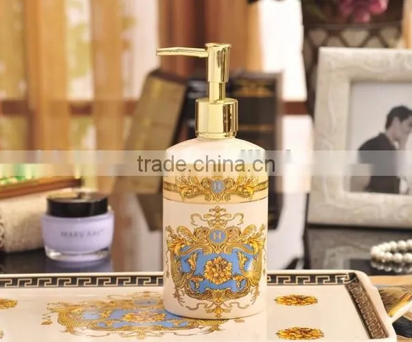 Classic European Baroque Style Ceramic Bath Accessories Set 6 Pcs in Fancy Golden and Blue, Liquid Soap Dispenser BF12-03254h photo-3