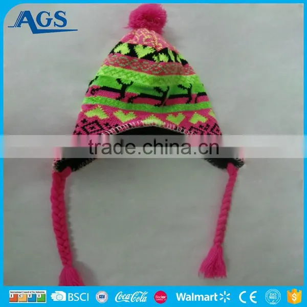 colorful warm female winter beanie hat with strings