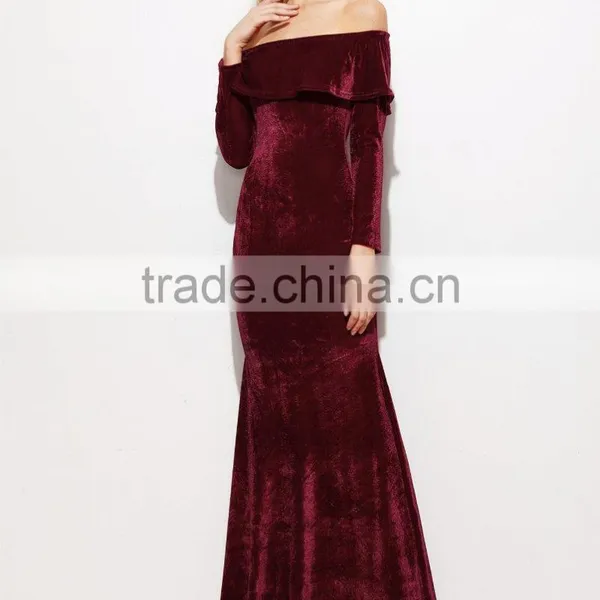 New Style Off the Shoulder Long Sleeve Flounce Layered Neckline Maxi Evening Dress Women New Sexy Fishtail Velvet Dresses photo-2