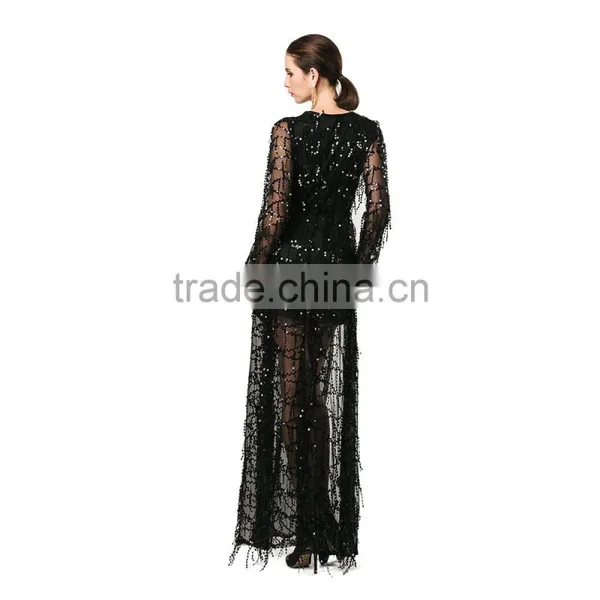 Yihao 2016 Sexy Nighty Ankle-length Long Sleeve Deep V Two Split Sequin Maxi Dresses of Woman Dress photo-2