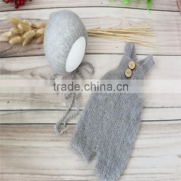 Newborn Hat and Pant Crochet Mohair Bonnet Baby Hooded Romper Lace Girl Overall Outfit Onesie Photography Props Knitted Clothes photo-2