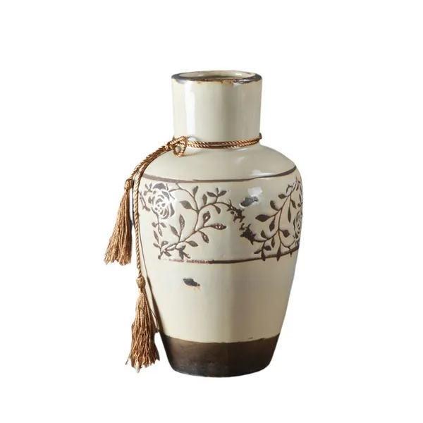Tassel Rope American Countryside Style Hand Made Large White Ceramic Vase For Dining Room Decor photo-5
