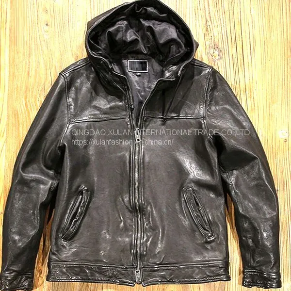 Men's Fashion Genuine Vegetable Sheepskin Leather Jacket With Hood