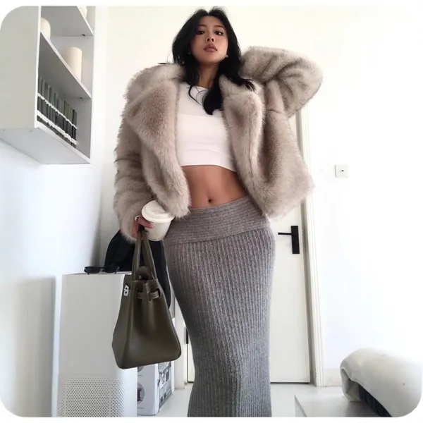 Women’s Modern Faux Fox Fur Short Coat With Lapel Collar Minimalist Eco Fashion photo-2
