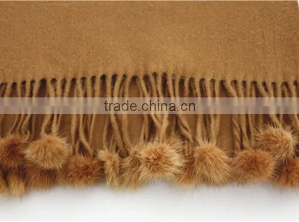 Camel Plain Color Pure Wool Scarf With Rabbit photo-3