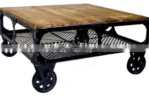 Industrial Rustic Wood Top Coffee Table With Wheels photo-2