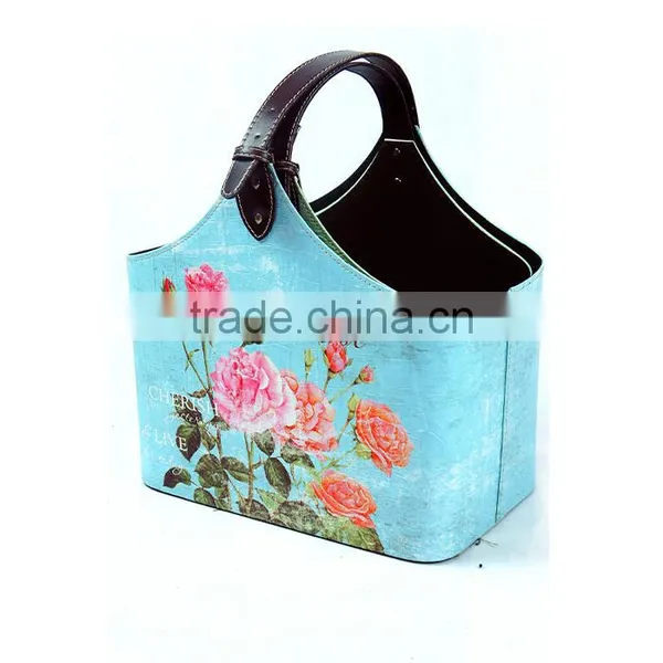 Flower Print Faux Leather Buckle Handle Magazine Newspaper Basket/holder photo-2