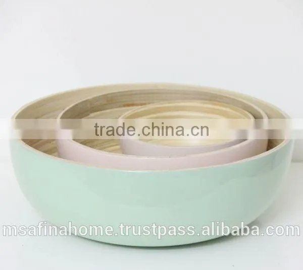 Set of 3 Round Colored Lacquer Bamboo Salad Bowls photo-3