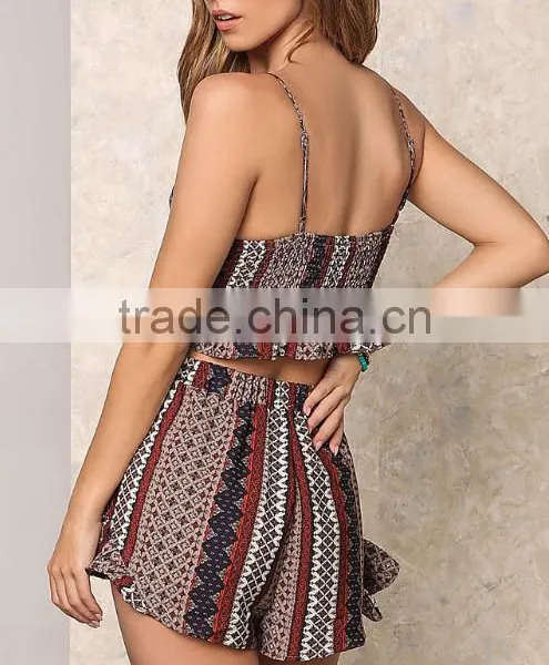 2017 Wholesale Sexy Women Hippie Printed Halter Crop Tops And Pants Designs Stylish Two Piece Sets photo-3