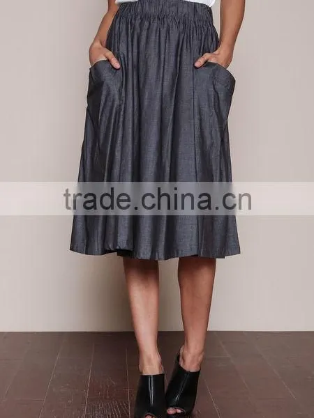 MGOO Elegant Hot Sale Black Midi Skirt With Pockets Fashion OEM African Skirts Chambray Flare Dress photo-4