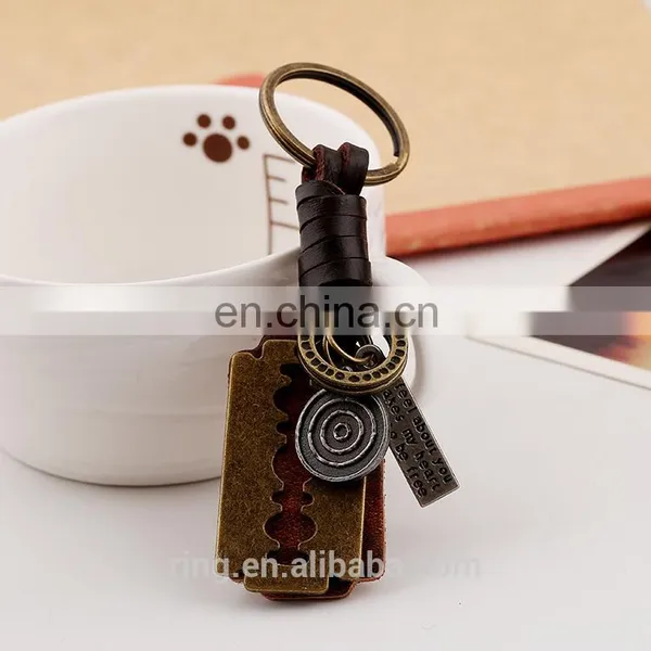 Personality Vintage Blade Shape Metal Pendant Leather Loop Keychain photo-3