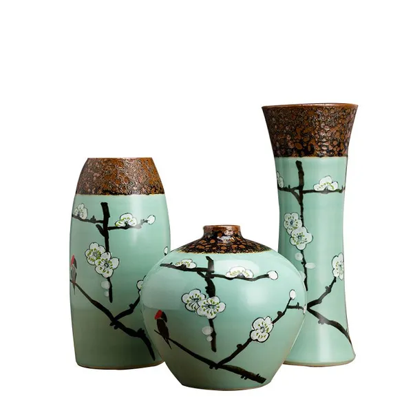 Green Chinese Style Hand Made Paint Large Three-Piece Ceramic Vase For Home Table Decor photo-5