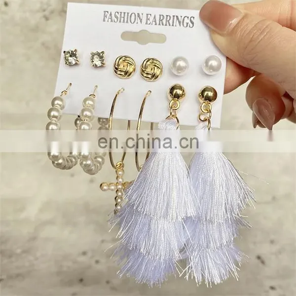 Earrings Suit 6 Pieces Of Pearl Drip Oil Christmas Element Tassel Combination Christmas Big Chandelier Earrings photo-3