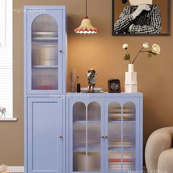 Light Blue Metal Glass Cabinet With Combination & Sliding Door | 3C Certified Long Rainbow Glass for Dining Room Storage