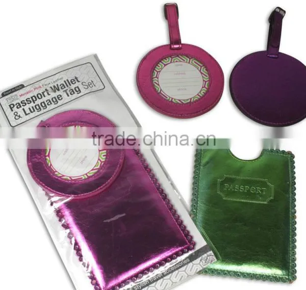 Metallic PU Leather Travel Set, Luggage Tag+Passport Sleeve, Insert Card With Cello Bag
