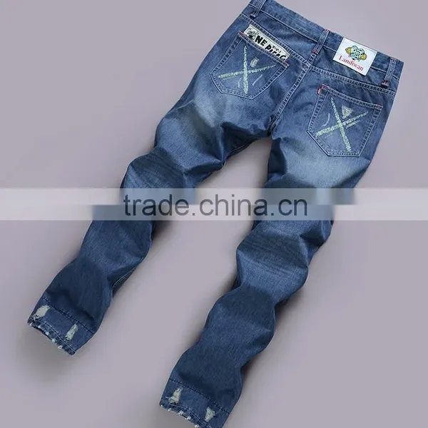 2014 Lastest Design Long Low Waisted Ripped Men Jean Wear Printed Washed Wholesale Popular Blue Men Jean Pants Trouser photo-2