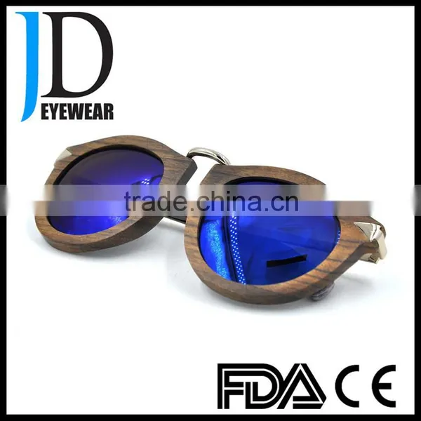 Hipster Style Old Color Natural Solid Wood Round Sunglasses With Blue Lens photo-6