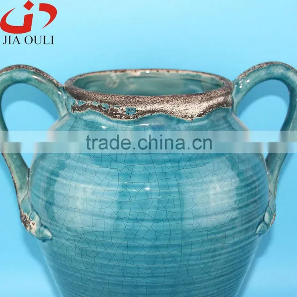 Antique Style Large Chinese Blue Ceramic Tall Floor Vase With Handle photo-3