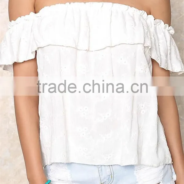 Latest Design Summer Tops 2016 Ivory Floral off Shoulder Crop Top HST3794 photo-2
