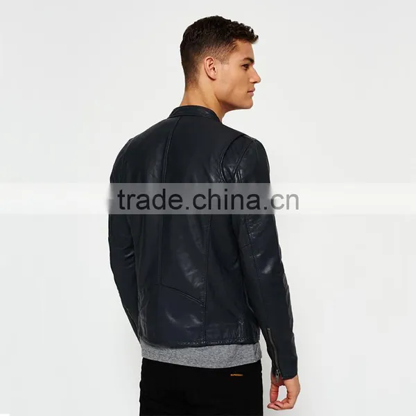 Classic Real Hero Collarless Round Neck Biker Waterproof Leather Men Jacket photo-3