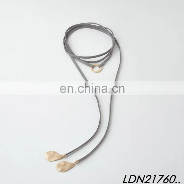 Layered Gray Knot Suede Wrap Necklace Gold Circle Pendant Bohemian Choker Necklace Jewelry photo-5