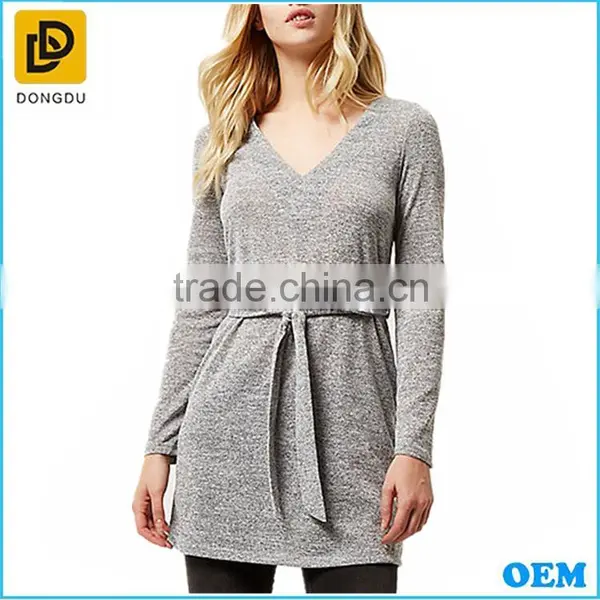 Casual Design Women Soft Long Sleeve Stretch Loose Fit Belted T-shirt Tunic