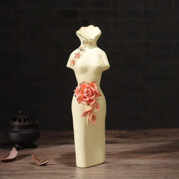 Creative Chinese Classical Cheongsam Lute Yellow White Ceramic Vase For Coffee Shop Decor photo-4