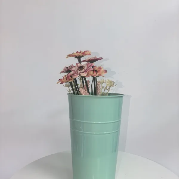 Light Mint Green Cylindrical Metal Flower Bucket, Ribbed Metal Vase for Dried Florals Home Decor