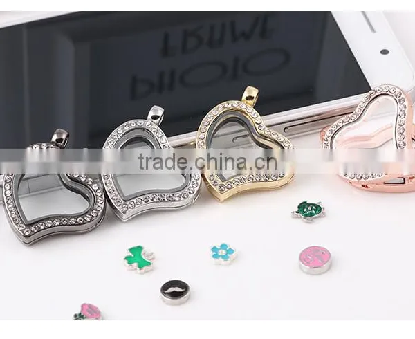 Crystal Rhinestone Heart Shaped Floating Charm Locket Pendant Without Chain photo-4