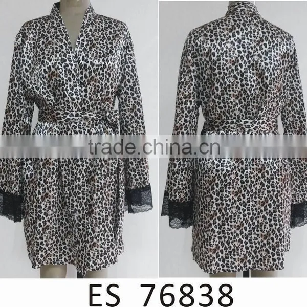 Comfortable Women Pajams for Leaopard Satin Lace Nightdress With Long Sleeve