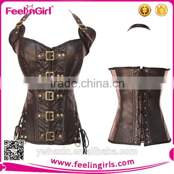Women Cheap Straps Steampunk Brown Leather Corset photo-5