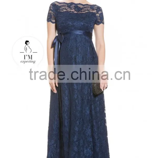 MATERNITY Lace Gown In NAVY Dress, Long Maternity Clothes,short Sleeve Maternity Clothing photo-2